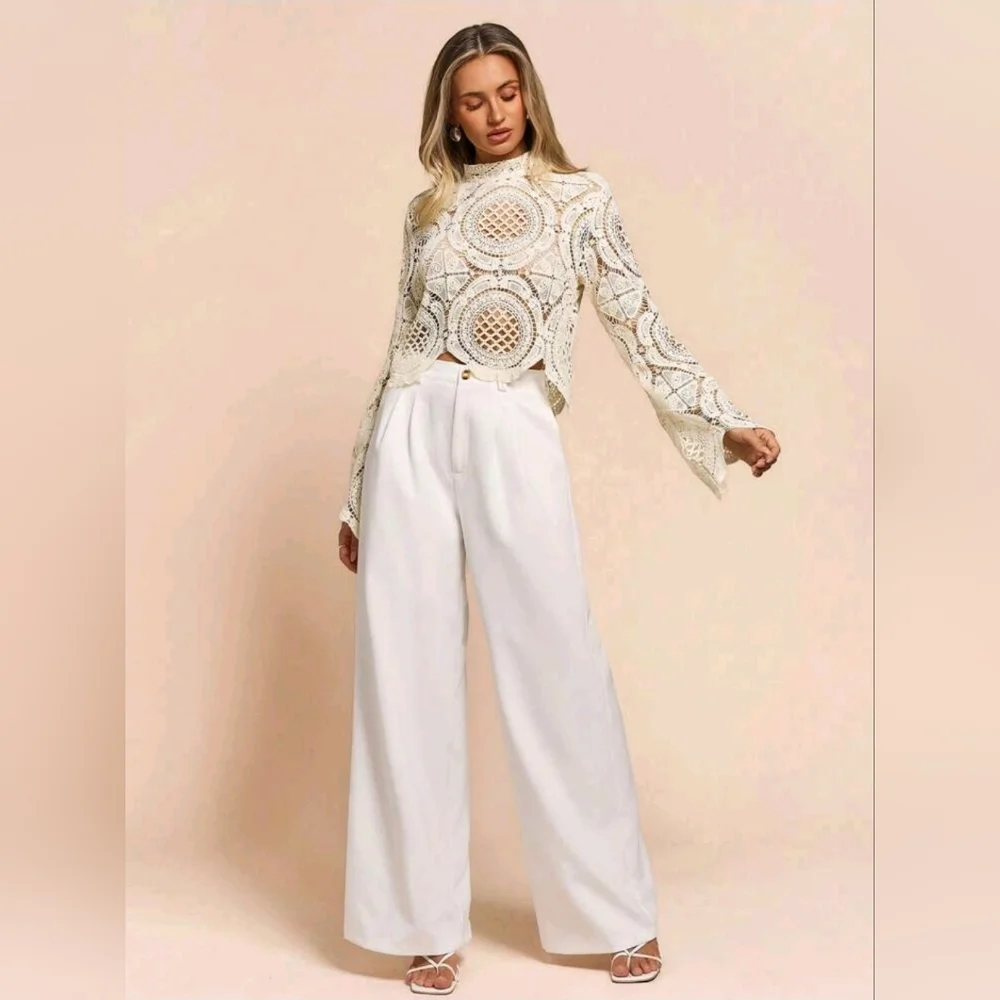 Glamine Long Sleeve StandCollar Water Soluble Flower Inlay Edge Sheer Hollow Top - Picture 7 of 7